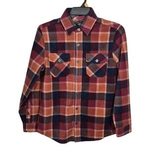 Freedom Foundry Shirt Youth Boys S/P  Red Orange Navy Plaid‎ Fleece Button Up
